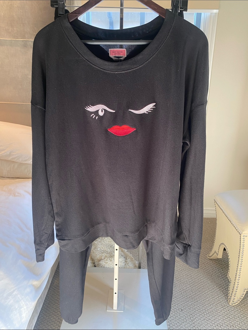 kate spade Black Sweatshirt with Embroidered Wink Face and Red Lips and pant.